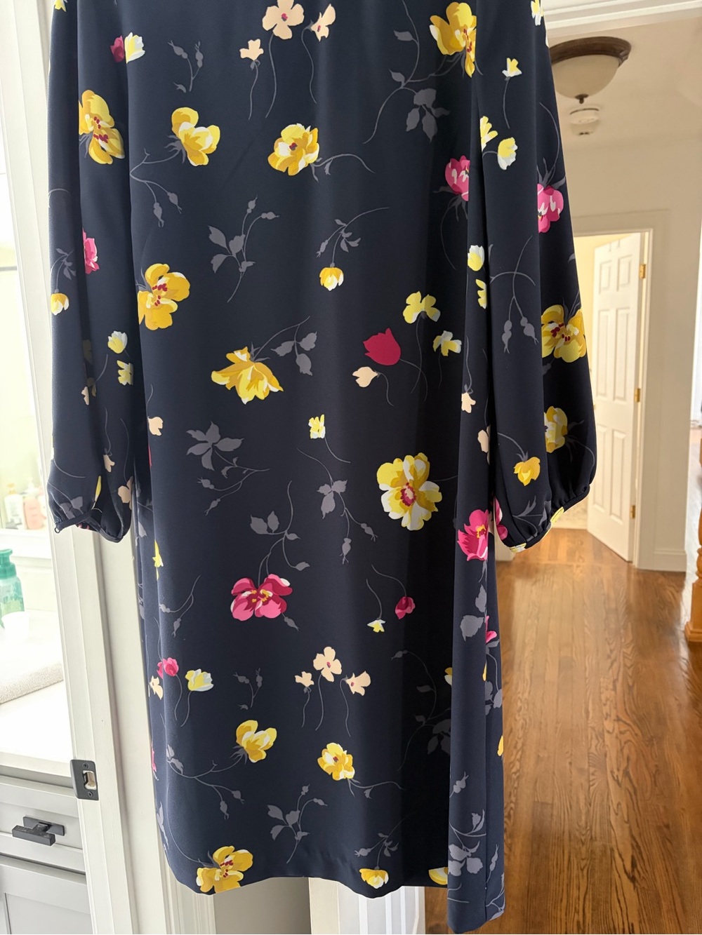 Ann Taylor Navy Floral Midi Dress with Yellow & Pink Blooms